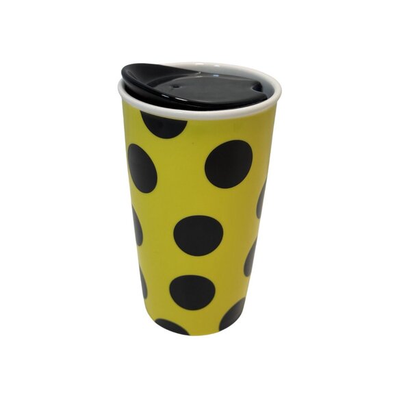 STARBUCKS 12 oz Ceramic Tumbler Travel Cup & Lid Yellow w/ Black Polka Dots 2015 - Picture 3 of 5
